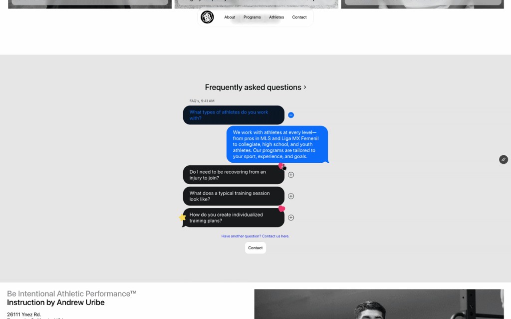 Be Intentional Athletic Performance FAQ page showing chat-style question and answer bubbles with heart and star reactions
