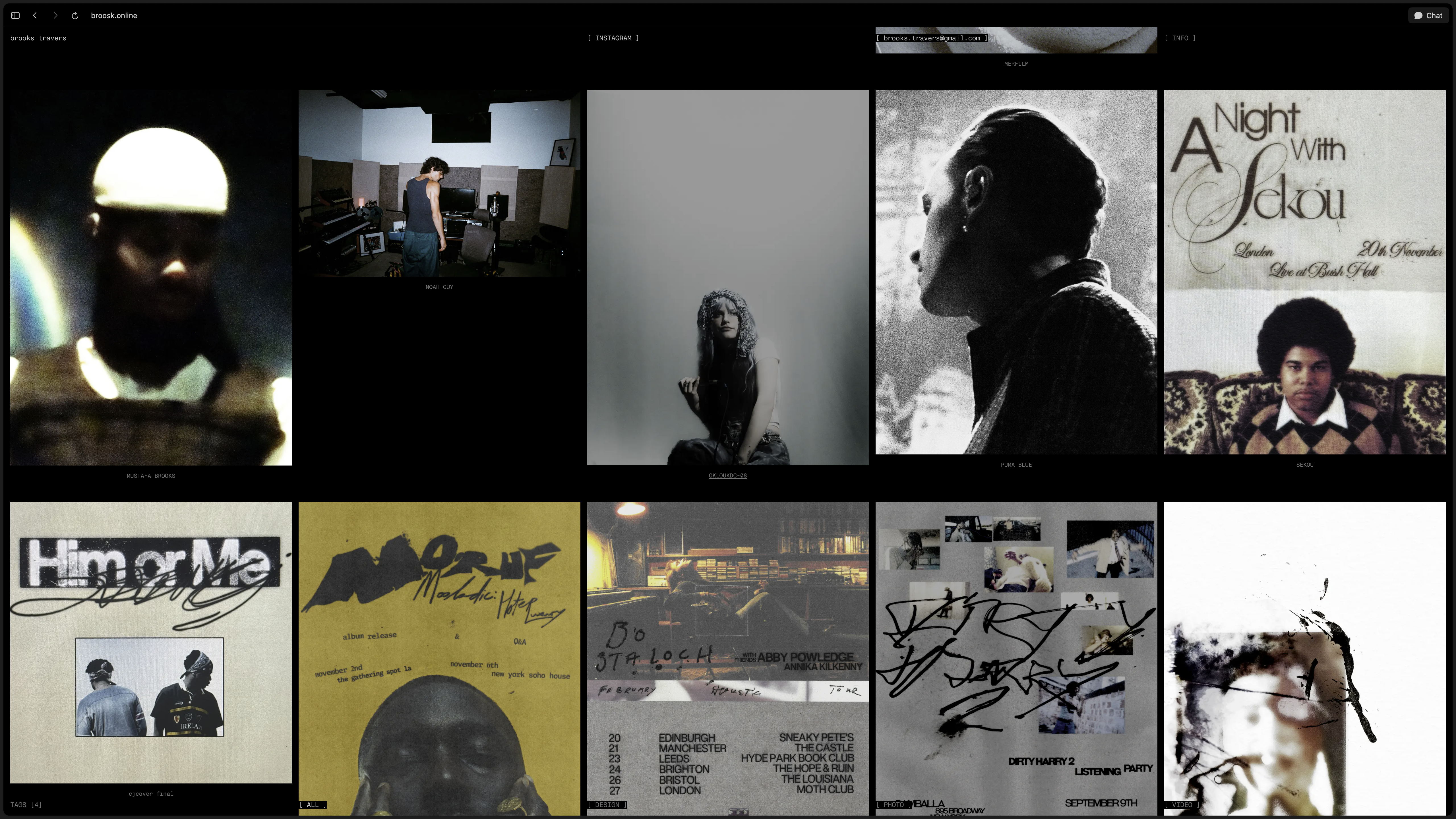 brooks travers info overlay showing bio, contact, clients, and representation on black