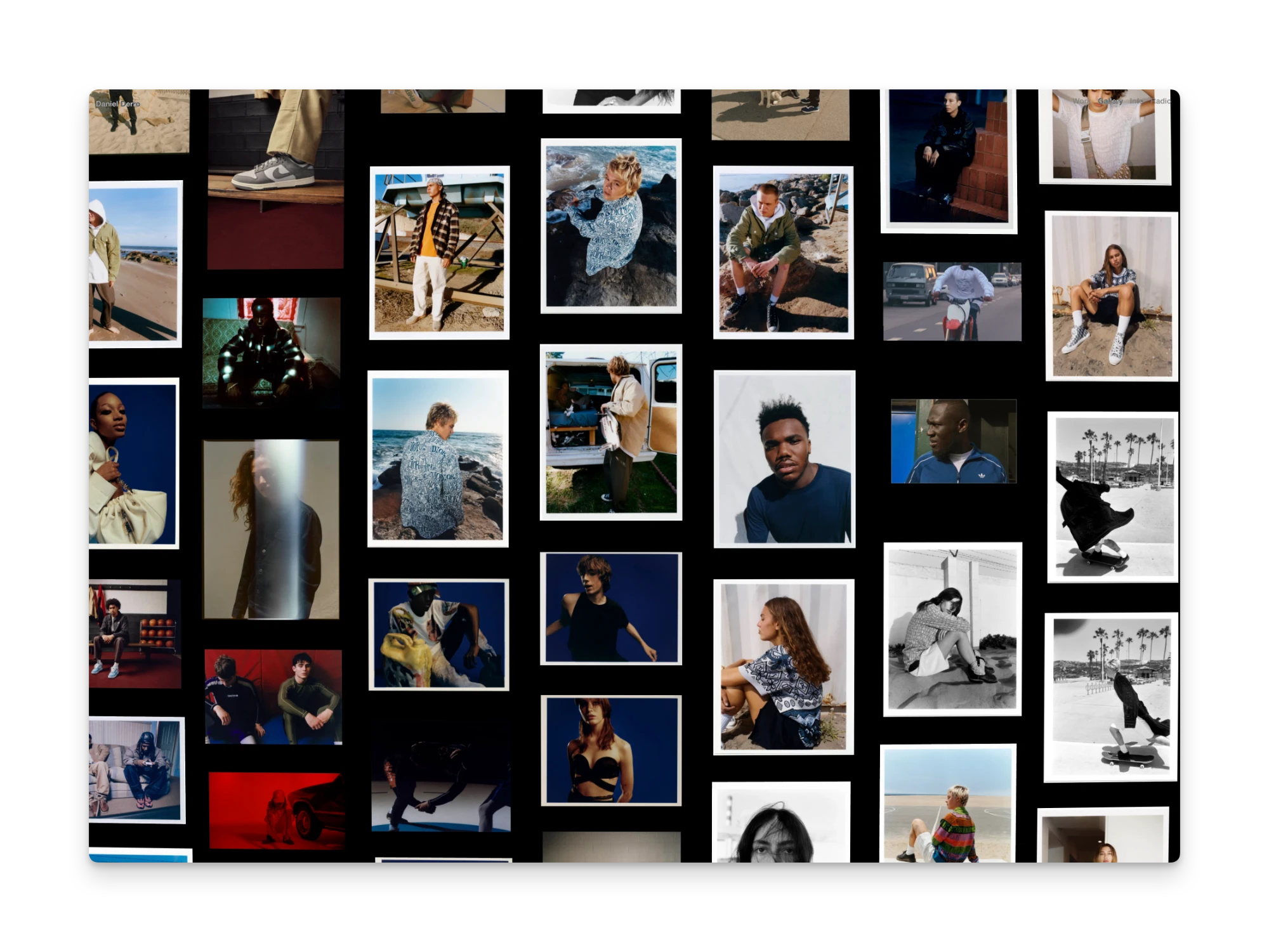 The live gallery: a wall of fashion and portrait photographs in white borders, the middle columns larger and closer