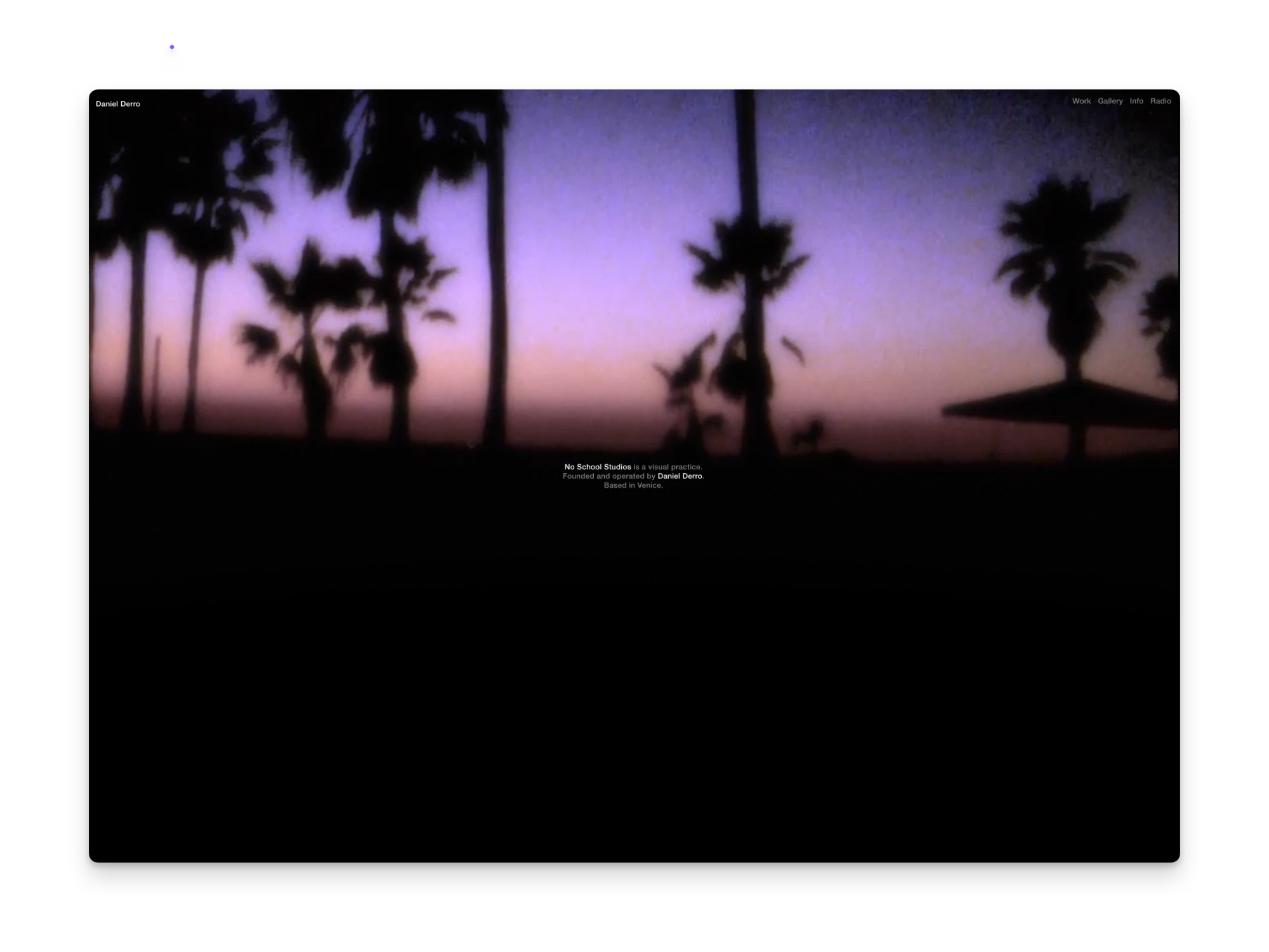 daniel-derro.com home page: three short lines of white text centered over a film of palm trees against a purple dusk sky