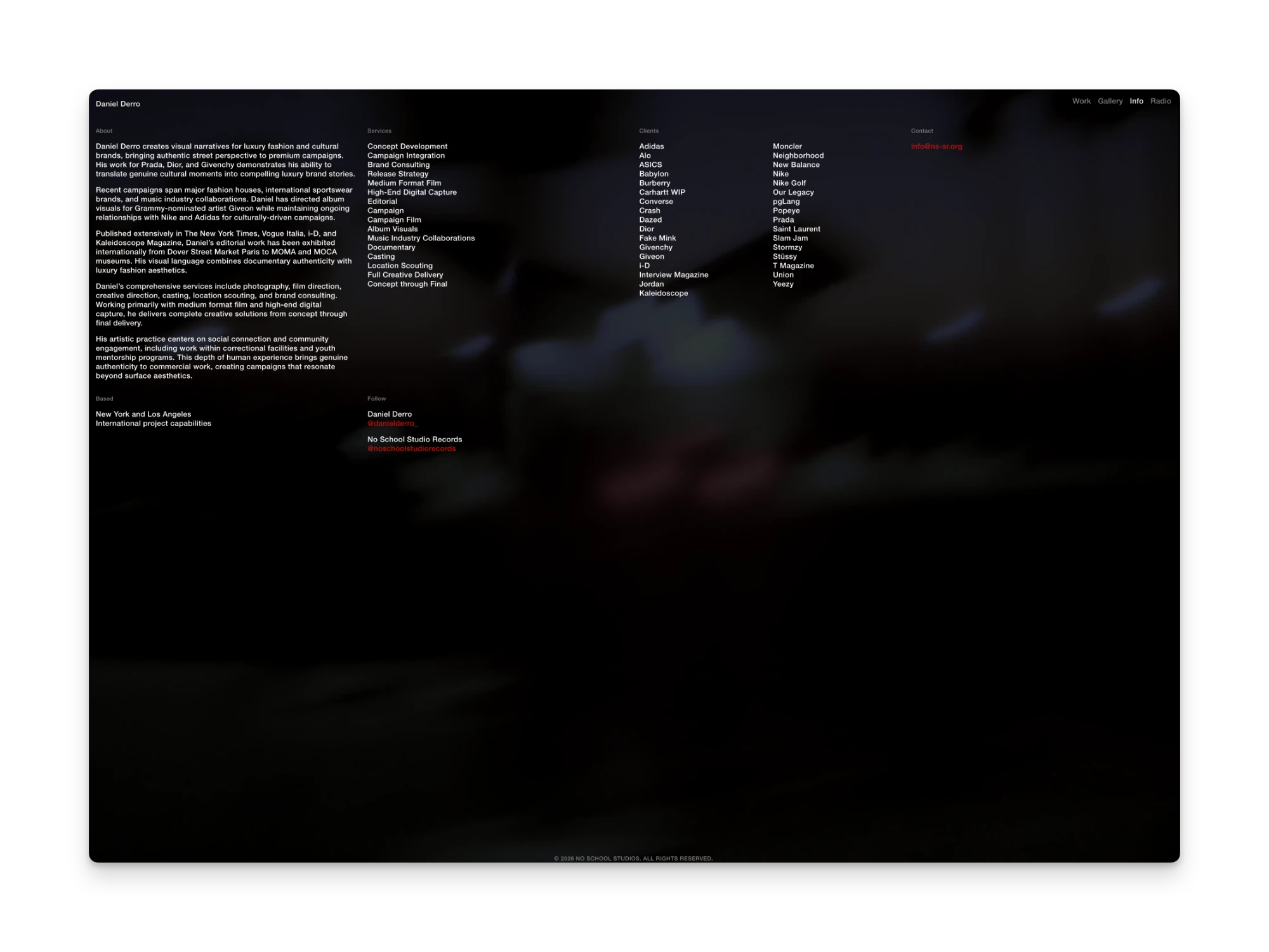 The info page: about, services, clients and contact in plain white text columns over a dimmed film