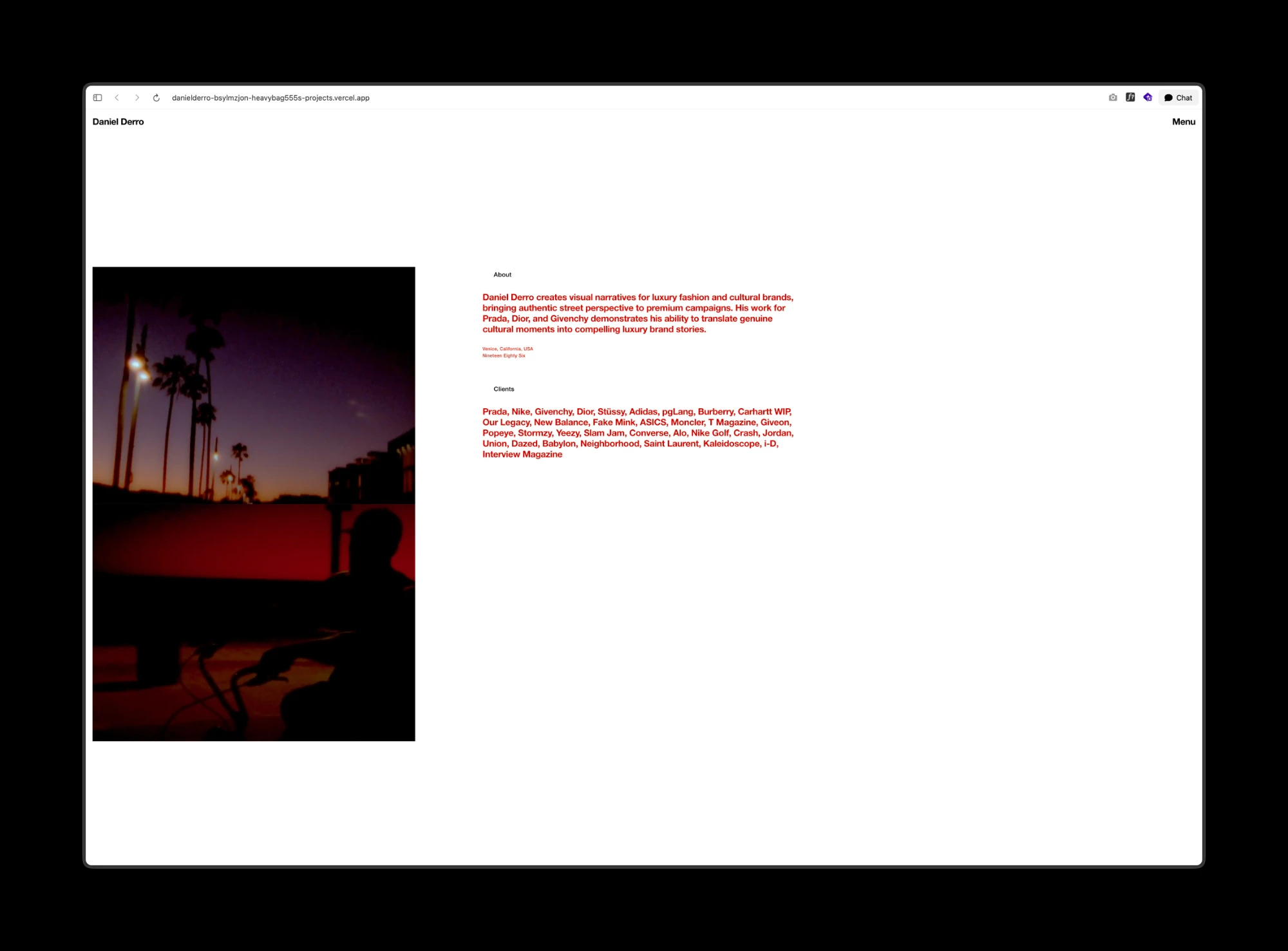 The April version: a white page with one tall photograph on the left and the about text and client list set large in red on the right