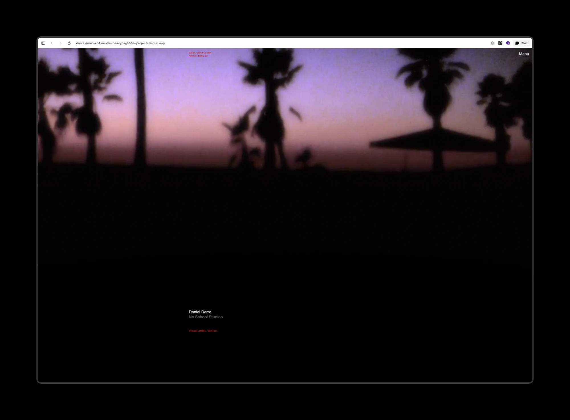 The June home page: a film of palm trees at dusk, with Daniel Derro, No School Studios and Visual artist, Venice set small near the bottom