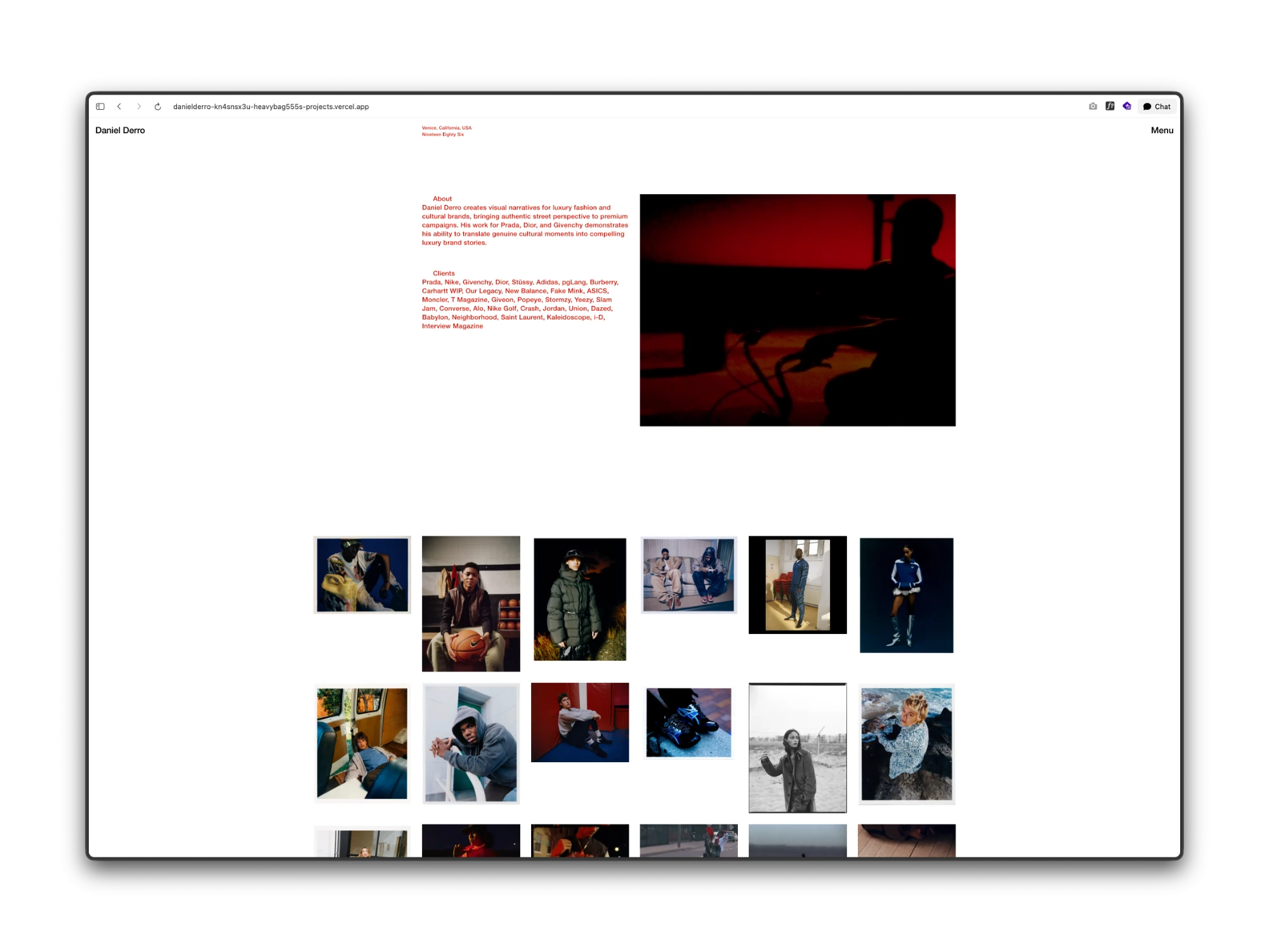 The June home page: red about and client text beside a dark photograph, above a six-column grid of stills in white borders