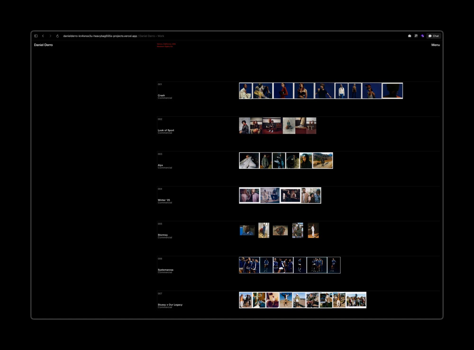 The June work page: numbered rows 001 to 007, each with a project name on the left and a strip of thumbnails on the right, all at full brightness