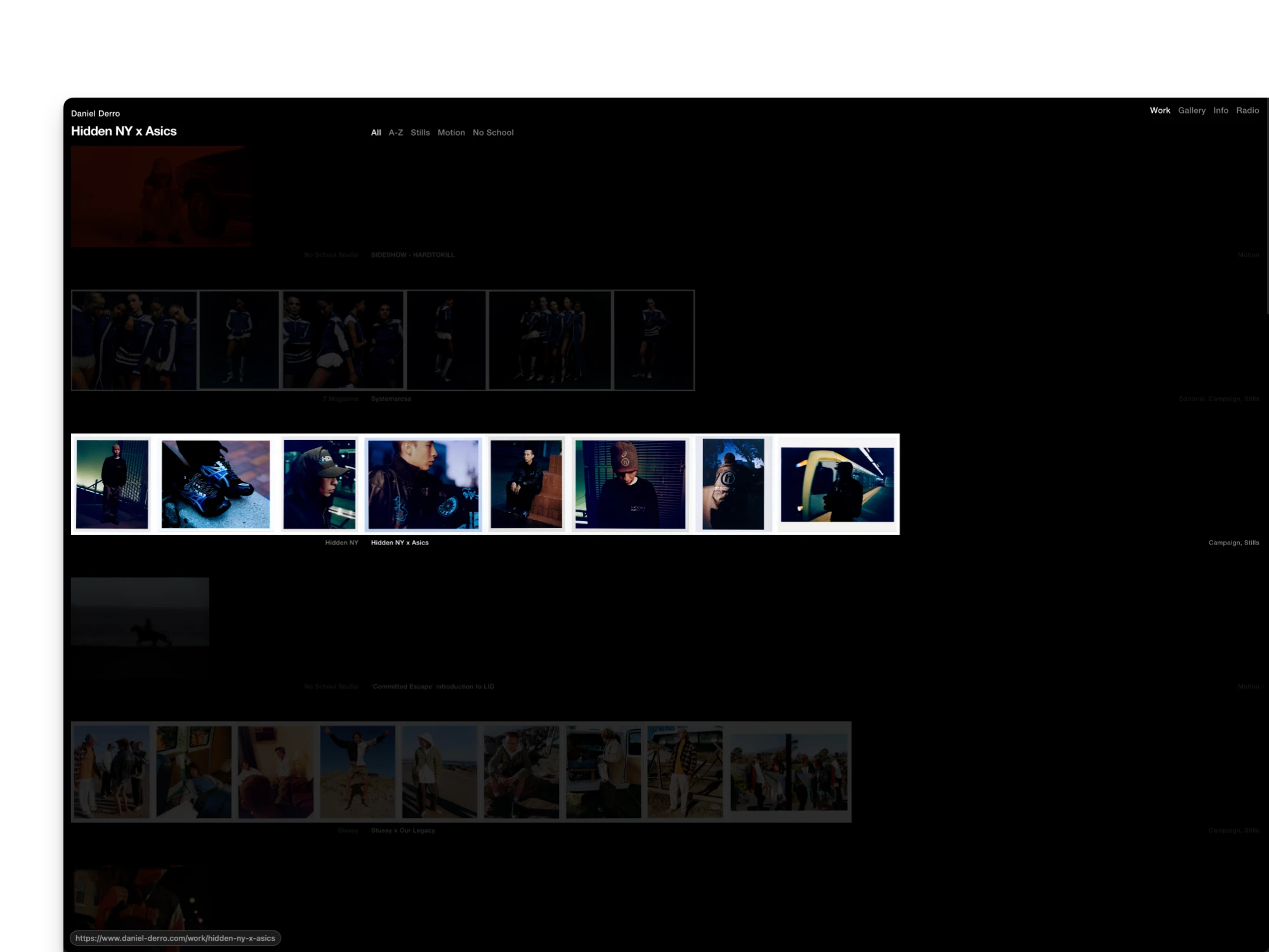 The same page with the Hidden NY x Asics row focused: every other row faded to near black, and the heading reads Hidden NY x Asics instead of Work