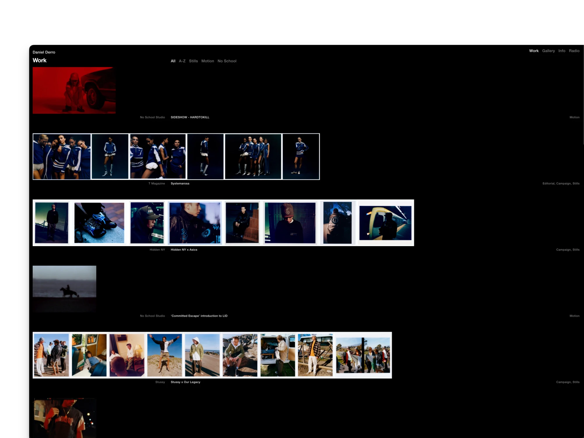 The work page at rest: rows of photo strips with client, title and medium under each, every row at full brightness