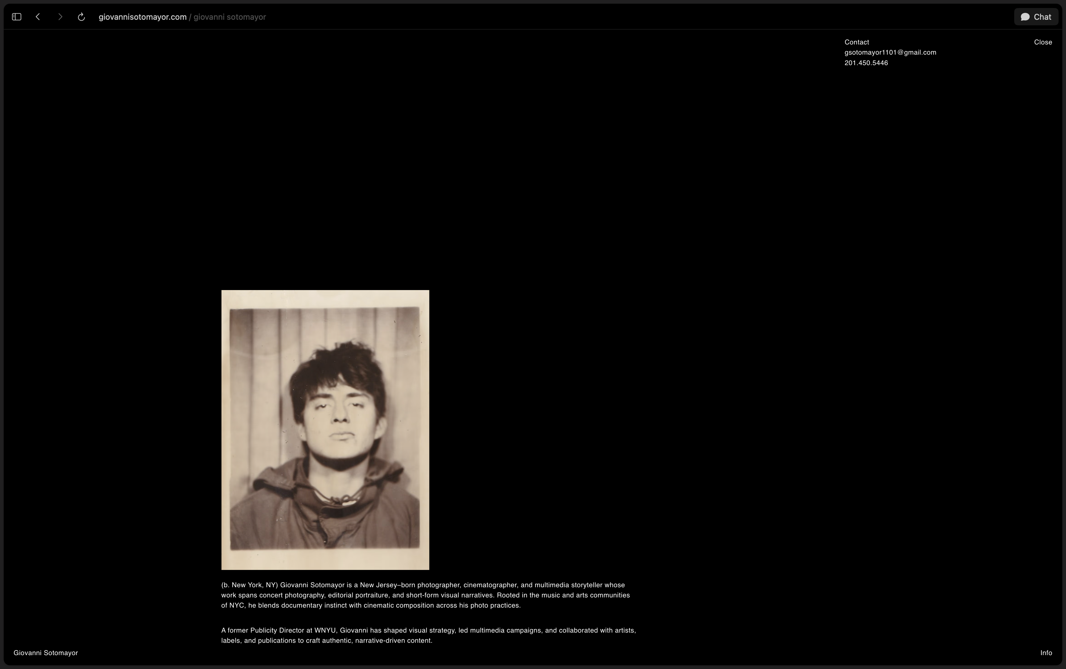 Giovanni Sotomayor about page with portrait, bio, and contact details on a black field