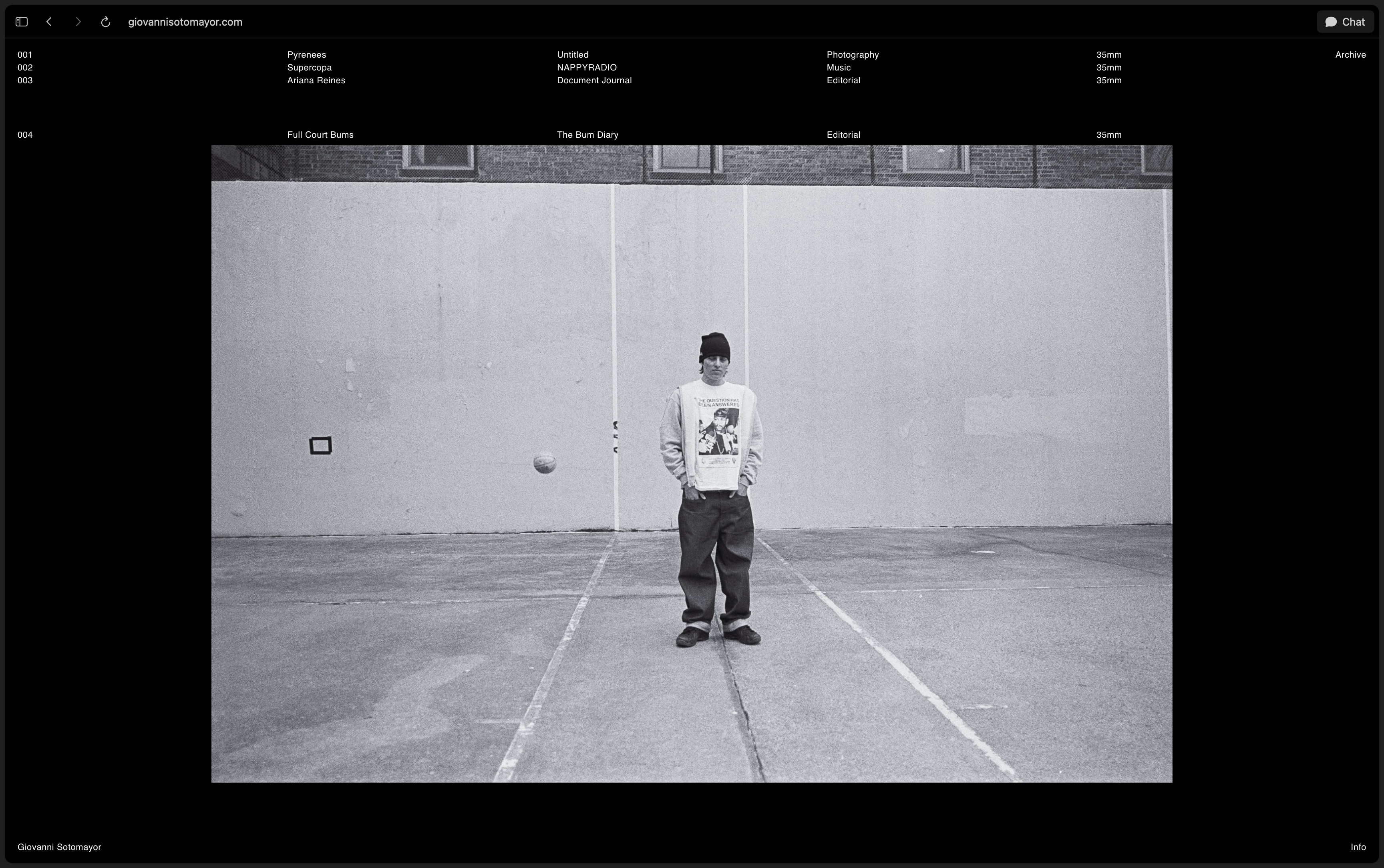 Giovanni Sotomayor home feed showing a numbered project index and centered photograph on a black field