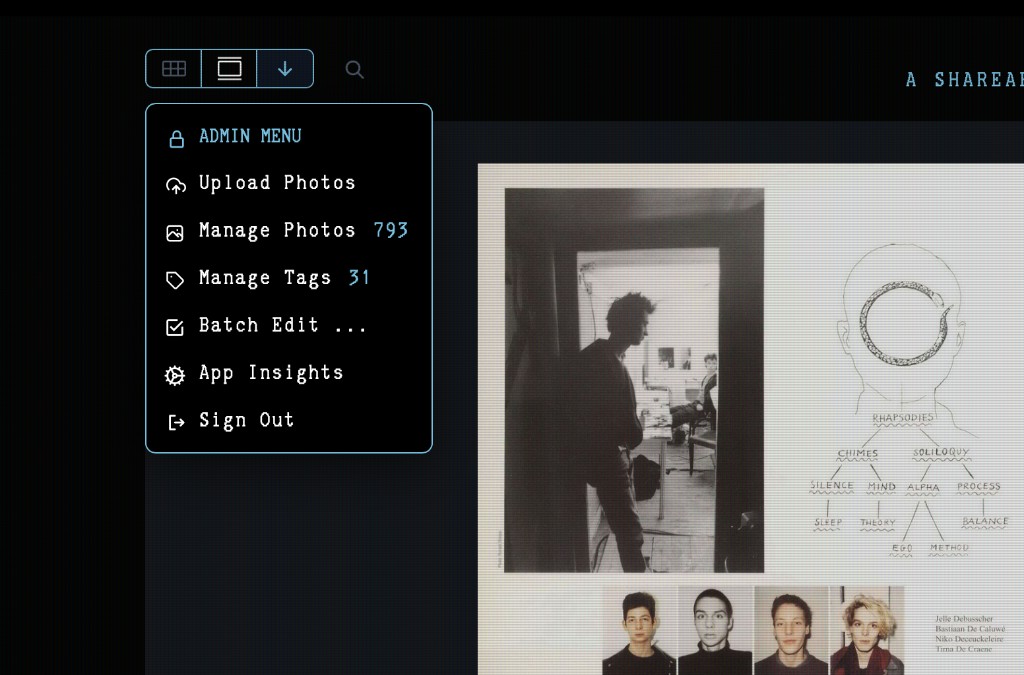 Admin menu for managing photos, tags, and batch edits in the A Tale As Young As Time archive