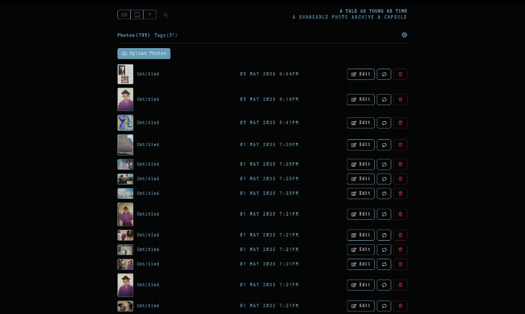 Batch upload and photo management screen in the A Tale As Young As Time archive
