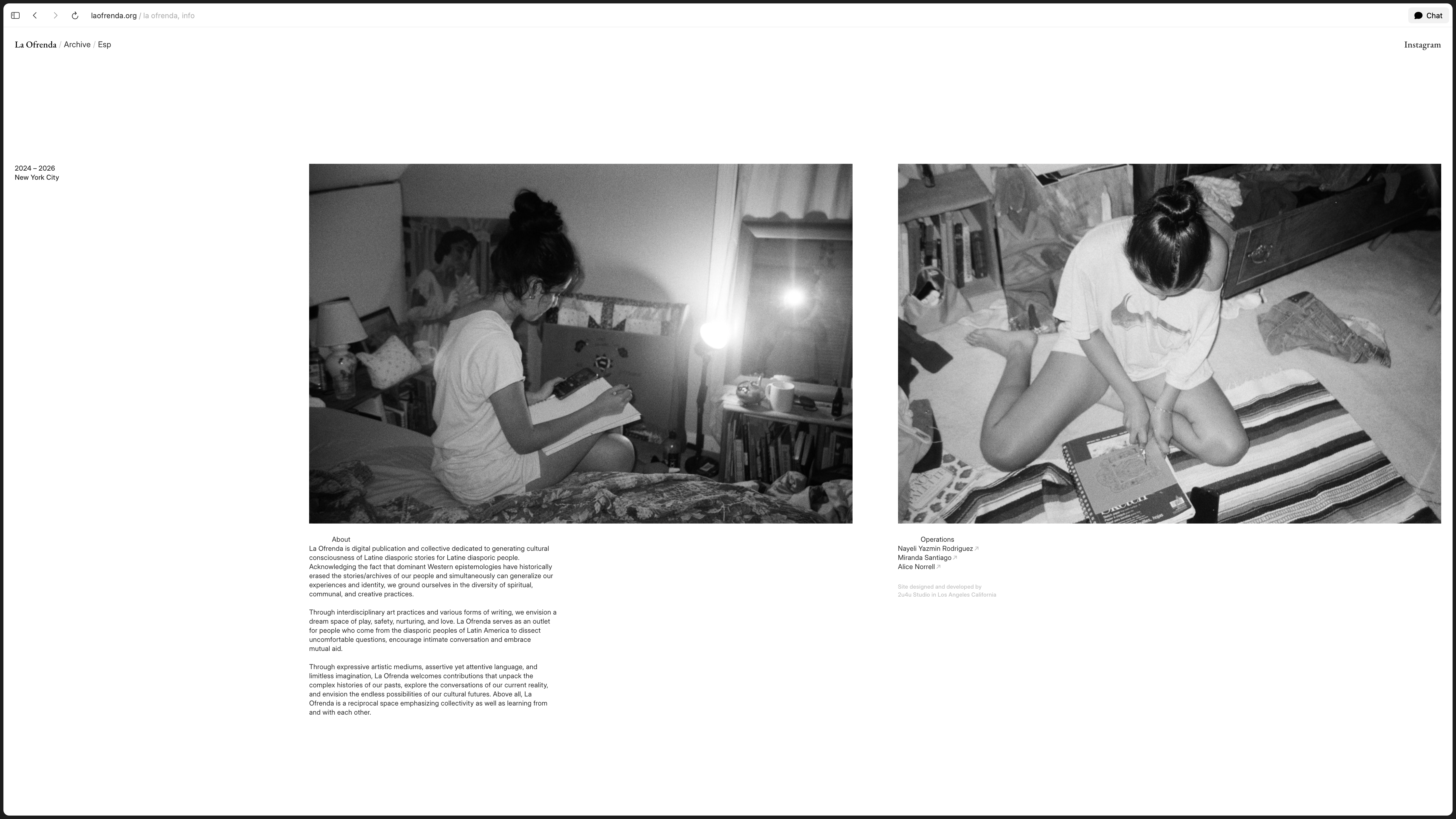 La Ofrenda about page with two black-and-white contributor photographs and symposium copy