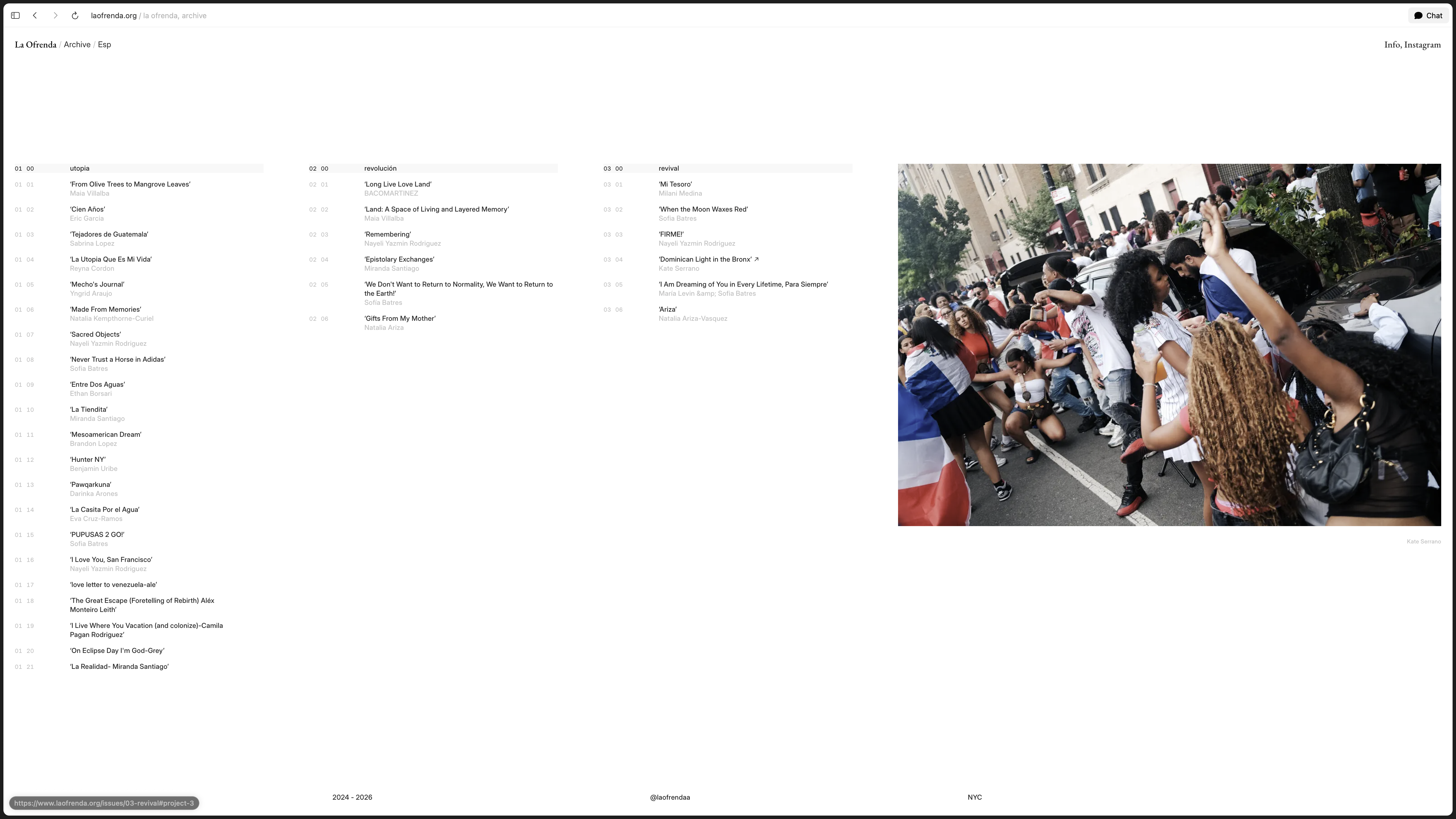 La Ofrenda archive page with contributor grid and Familia channel tag