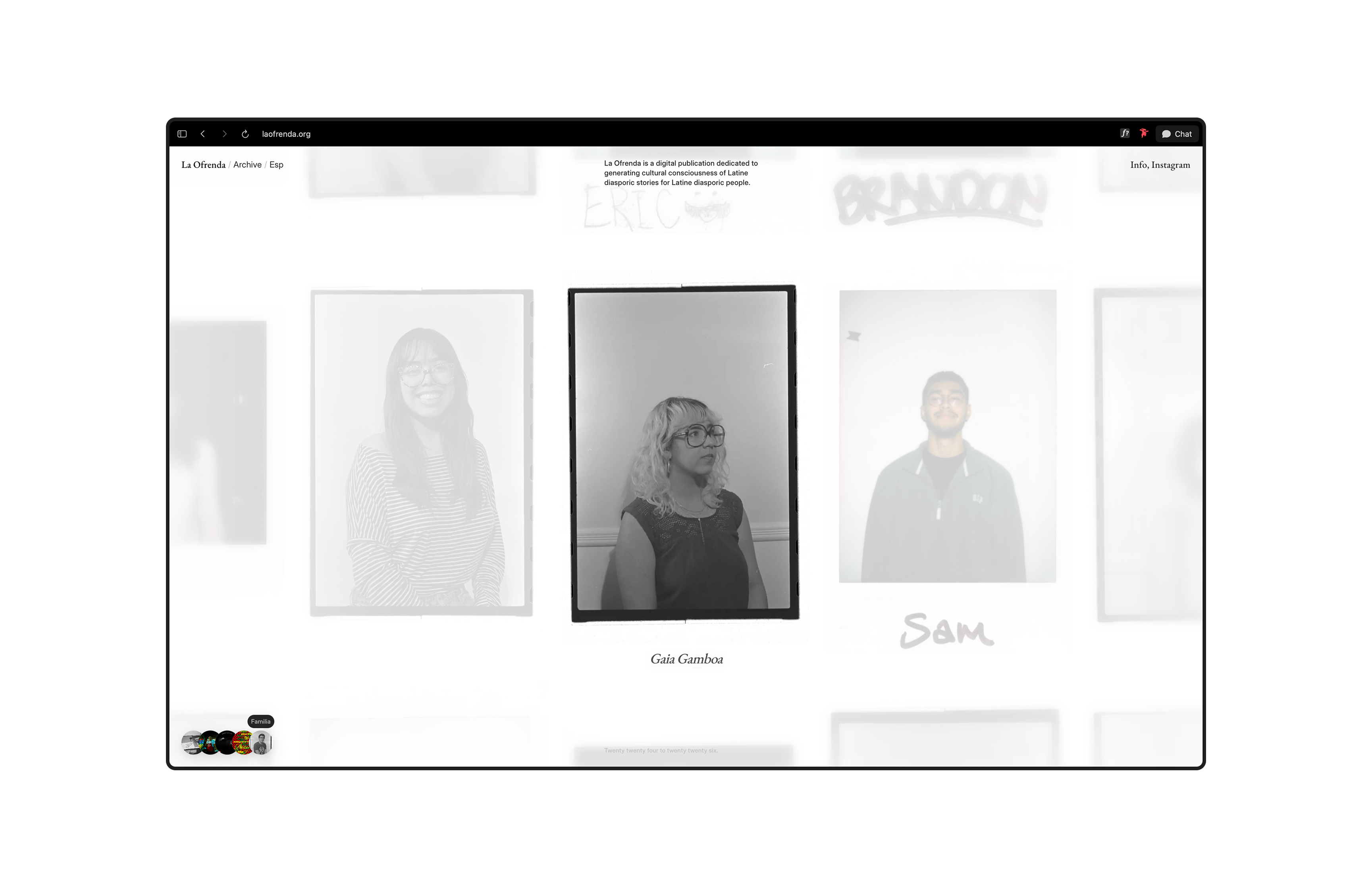 La Ofrenda homepage showing centered portrait on infinite canvas