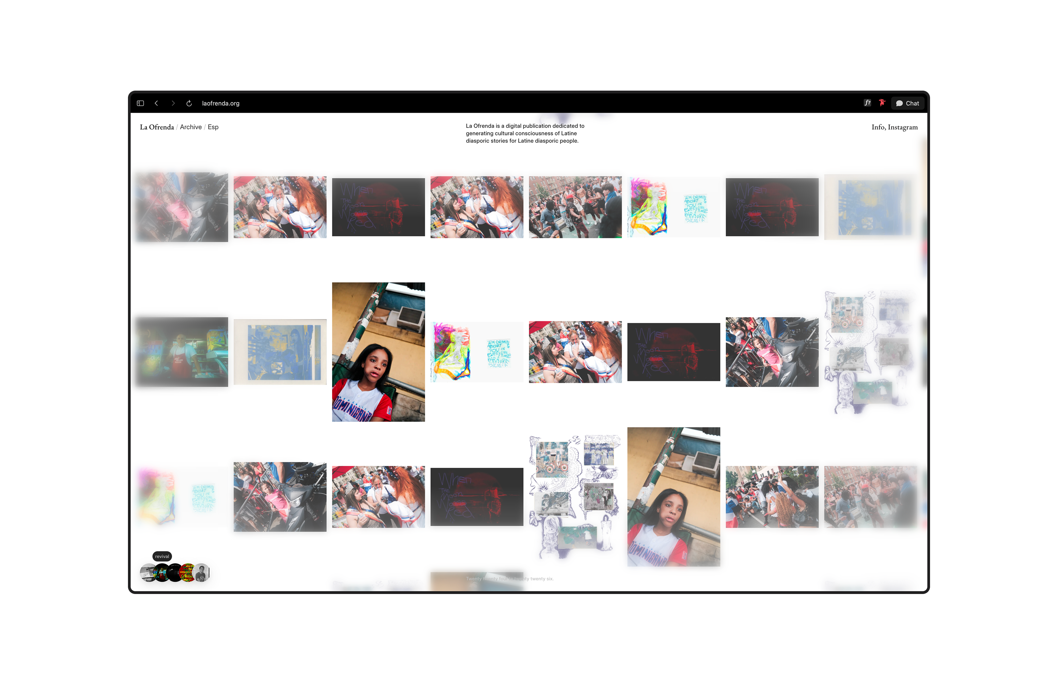 La Ofrenda homepage showing masonry gallery of zine artwork