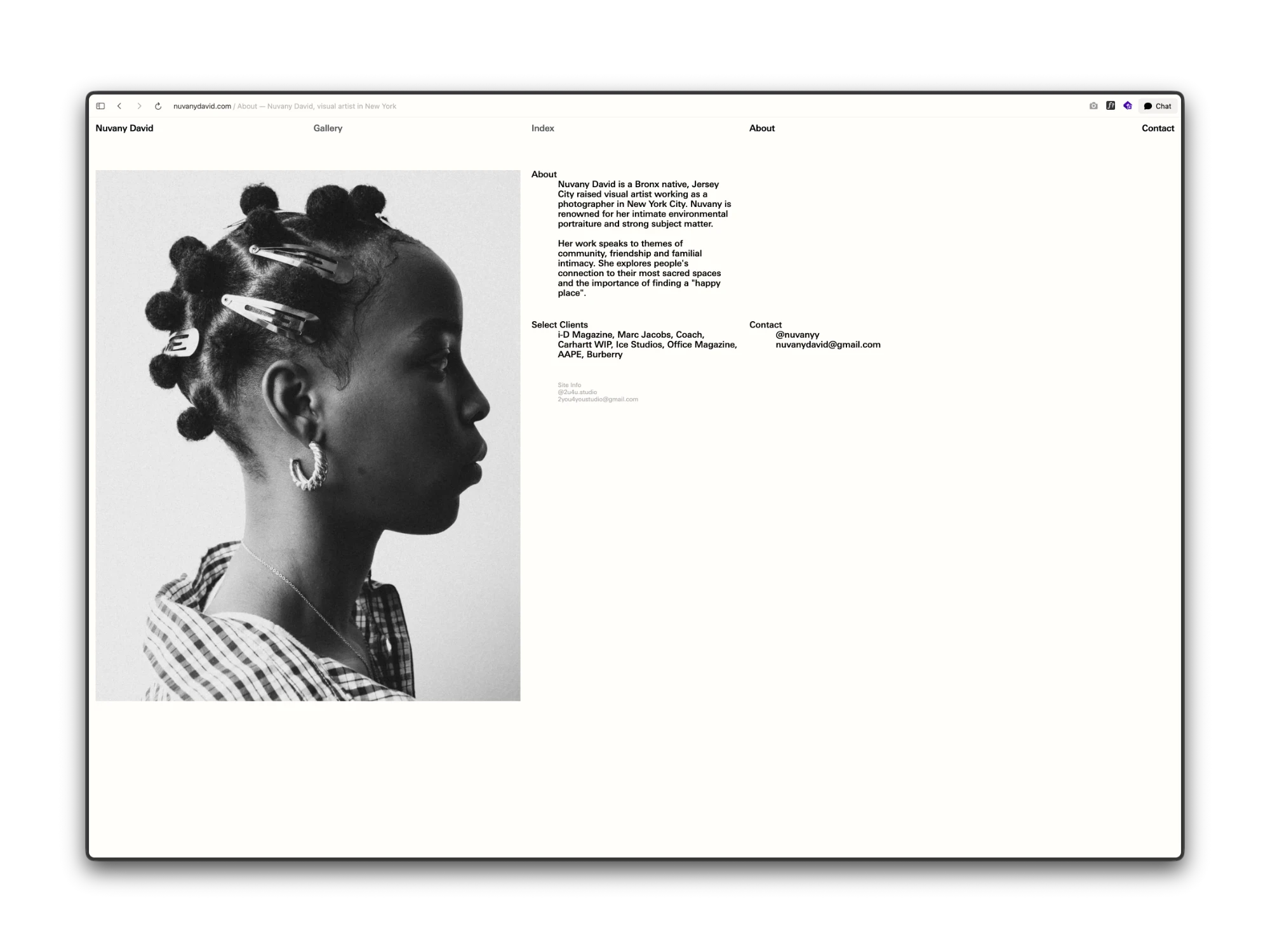 The about page on nuvanydavid.com: a black-and-white profile portrait on the left, with the bio, select clients and contact in the nav's type on the right