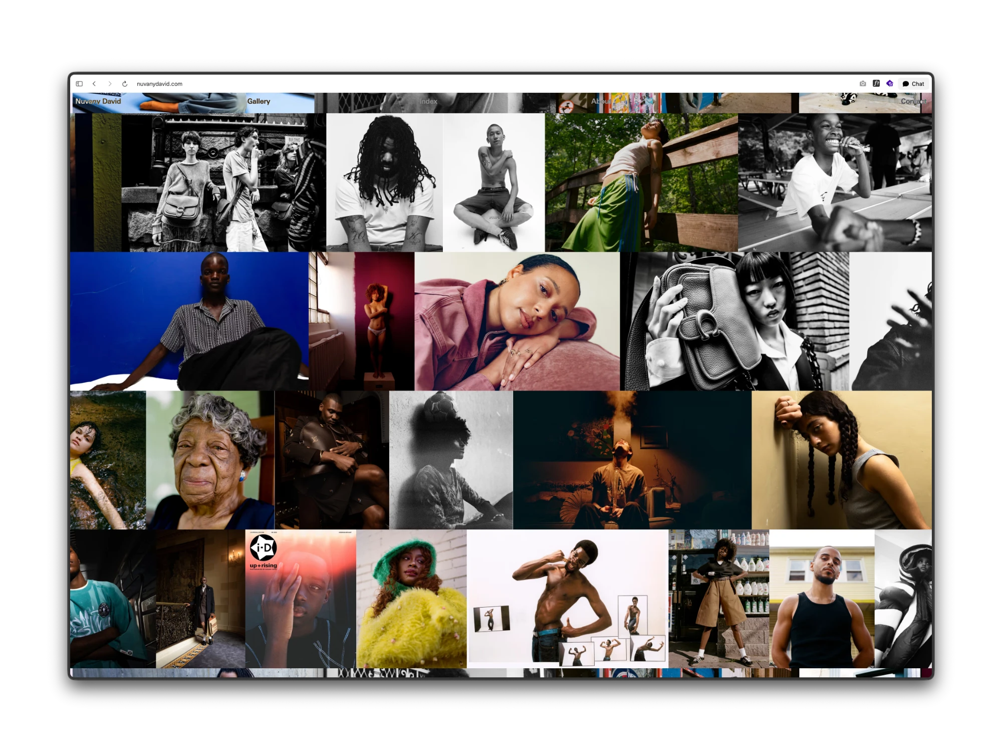 The live home page of nuvanydavid.com: a flush wall of portraits in colour and black and white filling the screen edge to edge, with the nav over the top row