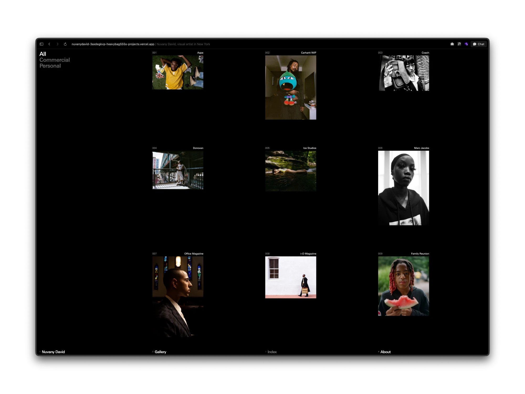 The April index on nuvanydavid.com: a black page with nine project covers in three columns, numbered and titled, an All, Commercial and Personal filter at top left, and the nav along the bottom