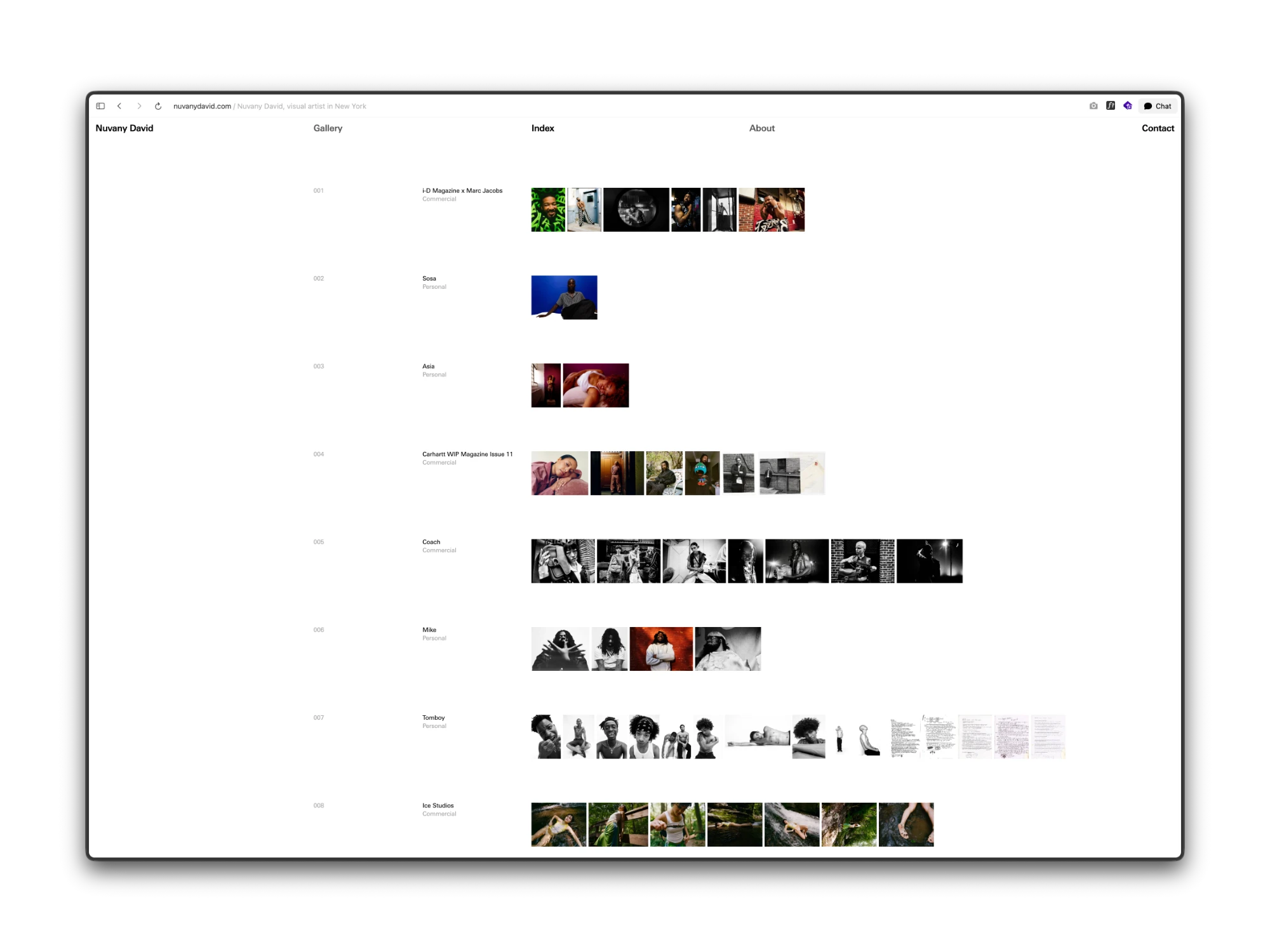 The live index on nuvanydavid.com: numbered rows, each with a project title, Commercial or Personal underneath, and a strip of that project's photos