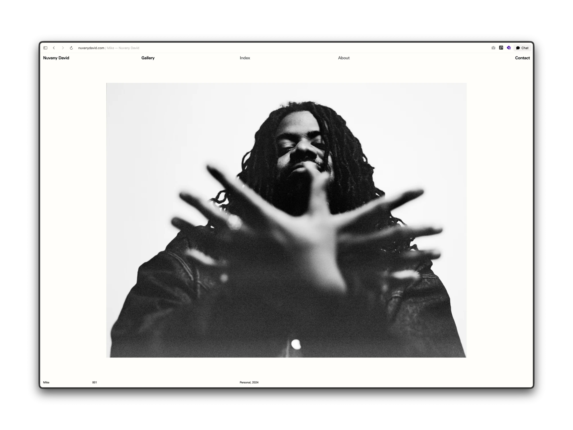 A project page on nuvanydavid.com: one black-and-white portrait centred on an off-white page, with the project name, its number and Personal, 2024 along the bottom