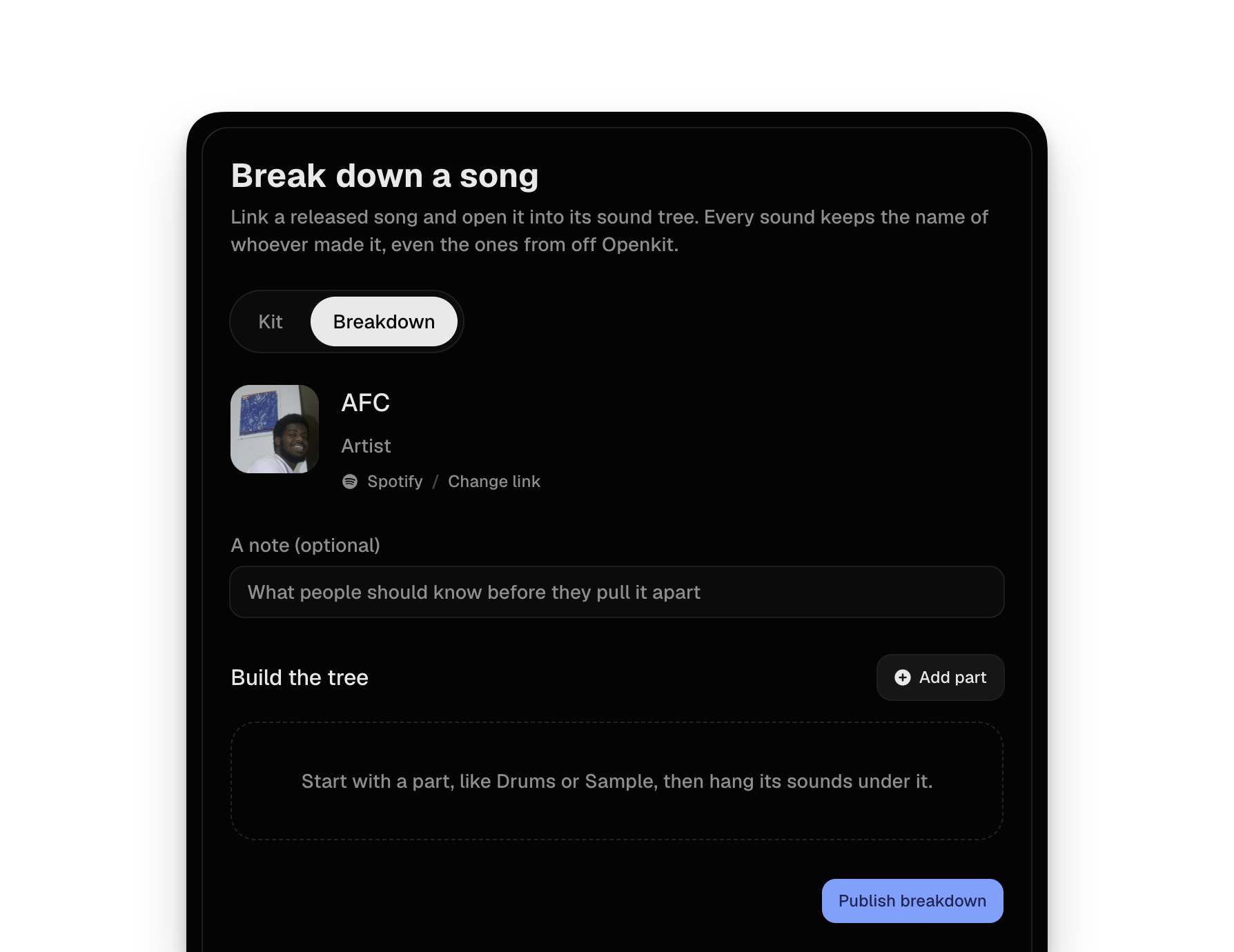 Openkit's breakdown composer: link a released song, add a note, and build its sound tree part by part