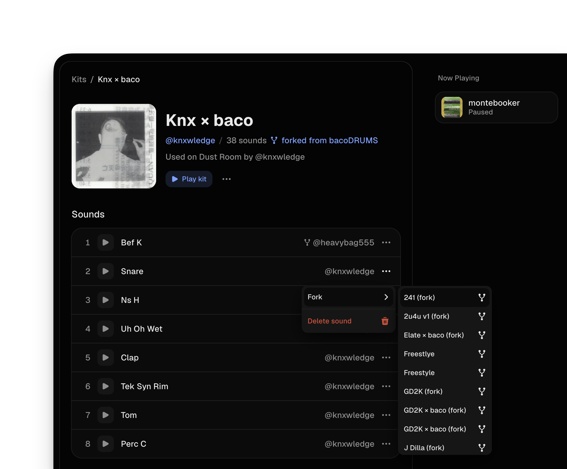 A kit page on Openkit: Knx × baco by @knxwledge, forked from bacoDRUMS, with a sound's menu open to fork it into one of your kits
