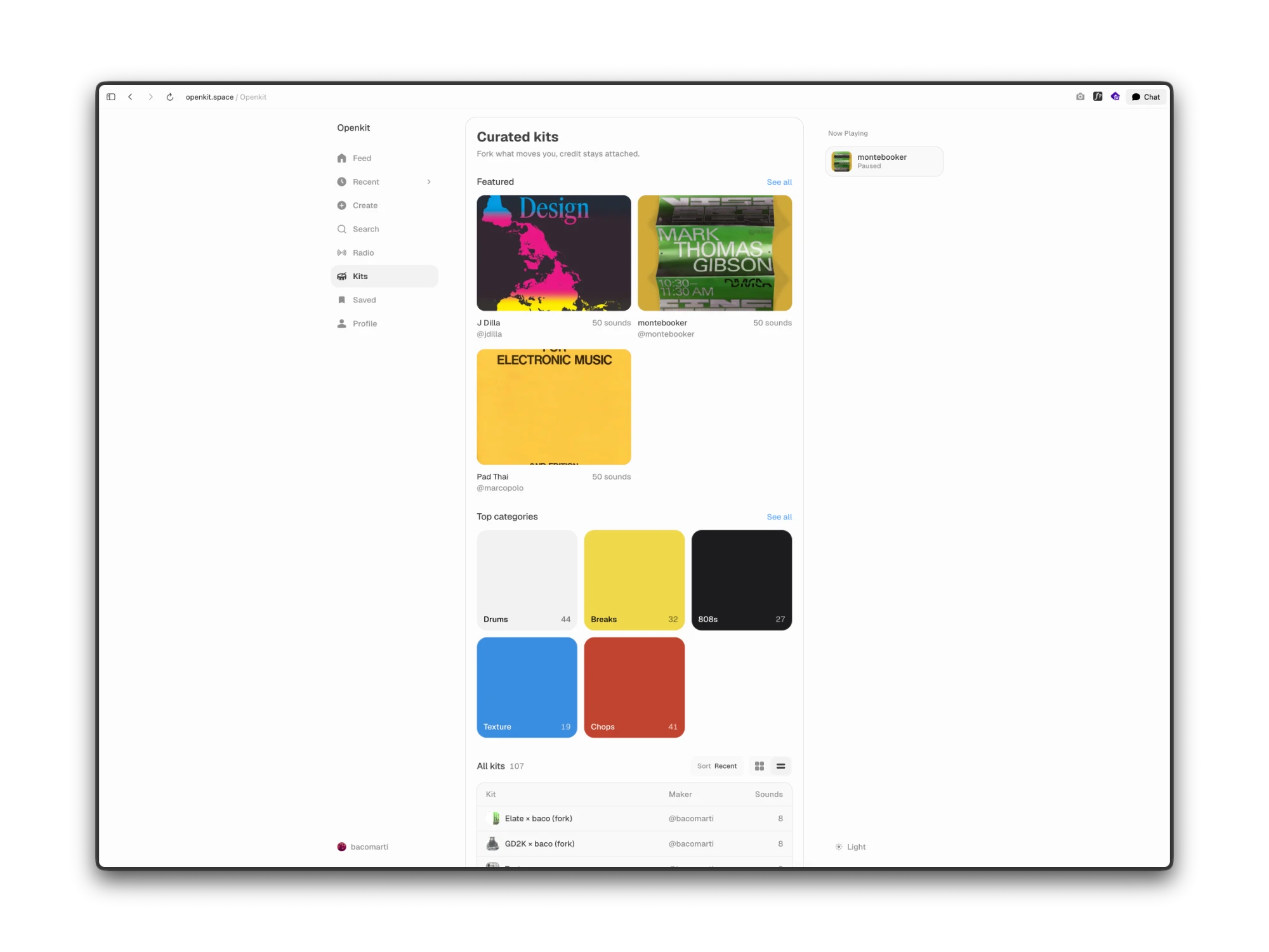 Openkit's kit library: curated kits, top categories, and a table of all kits with their makers