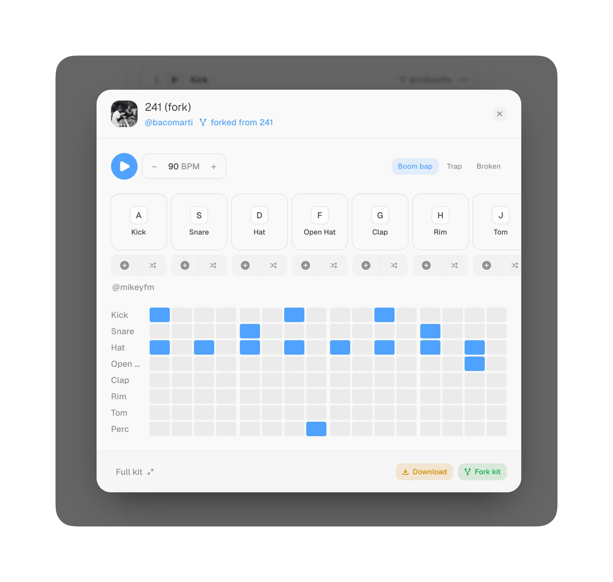Openkit's kit preview dialog: a forked kit with its pads, BPM, pattern presets and step grid, plus Download and Fork kit