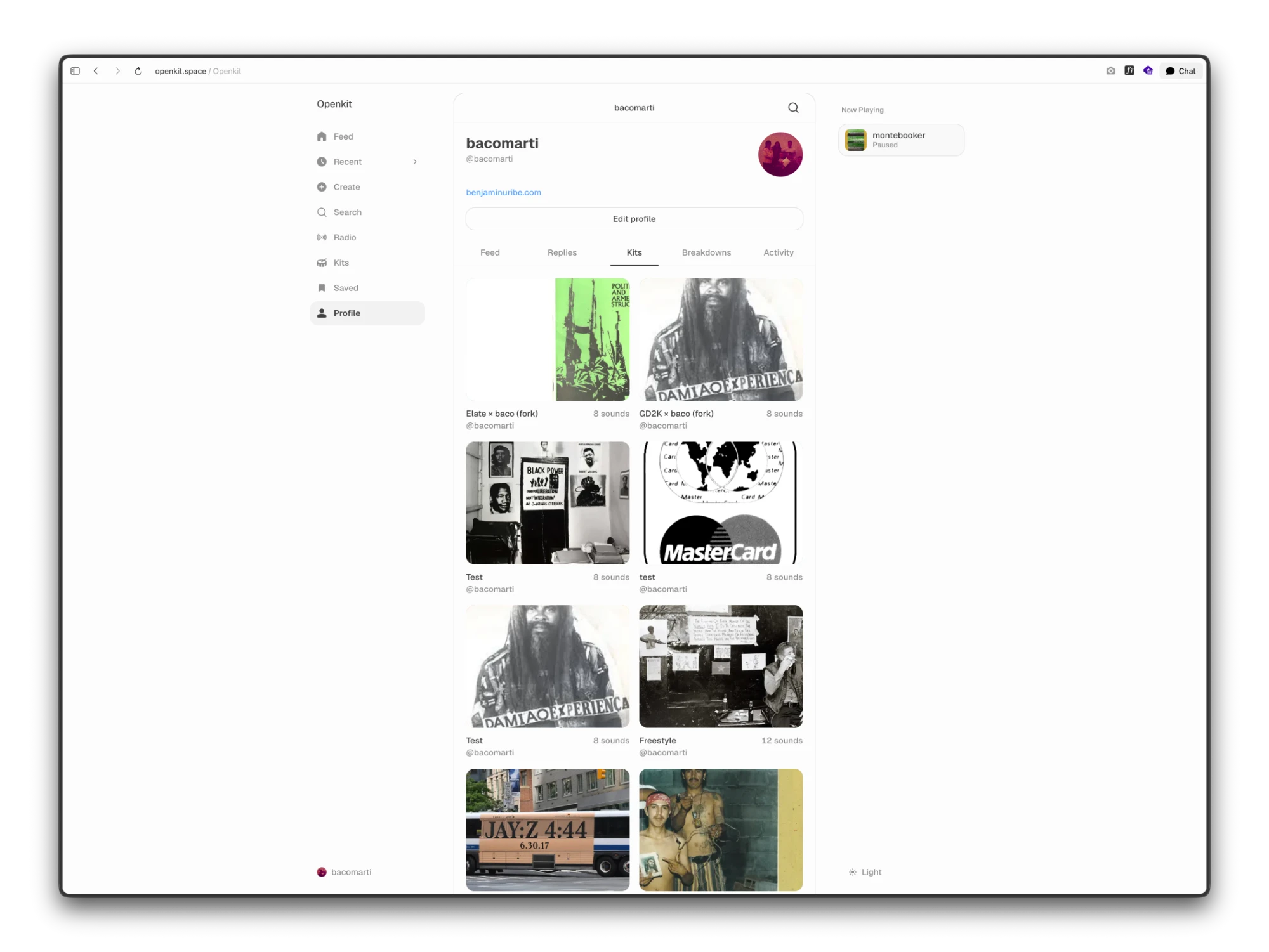 A producer profile on Openkit showing their kits, each with its sound count