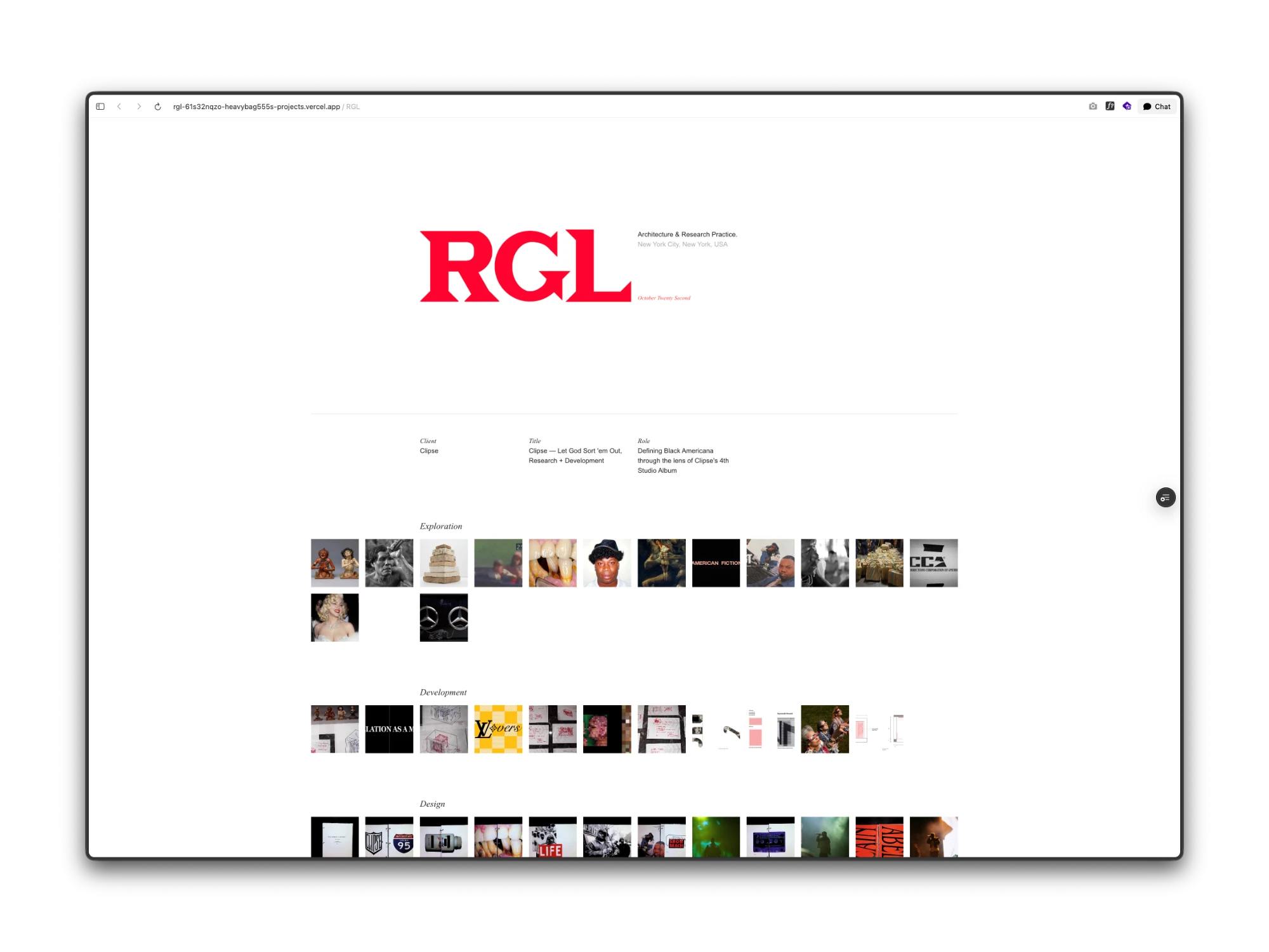 Prototype 1 of the RGL site: a large red RGL wordmark with the practice name and date, then a client, title and role row, and each stage (Exploration, Development, Design) as rows of small square thumbnails.