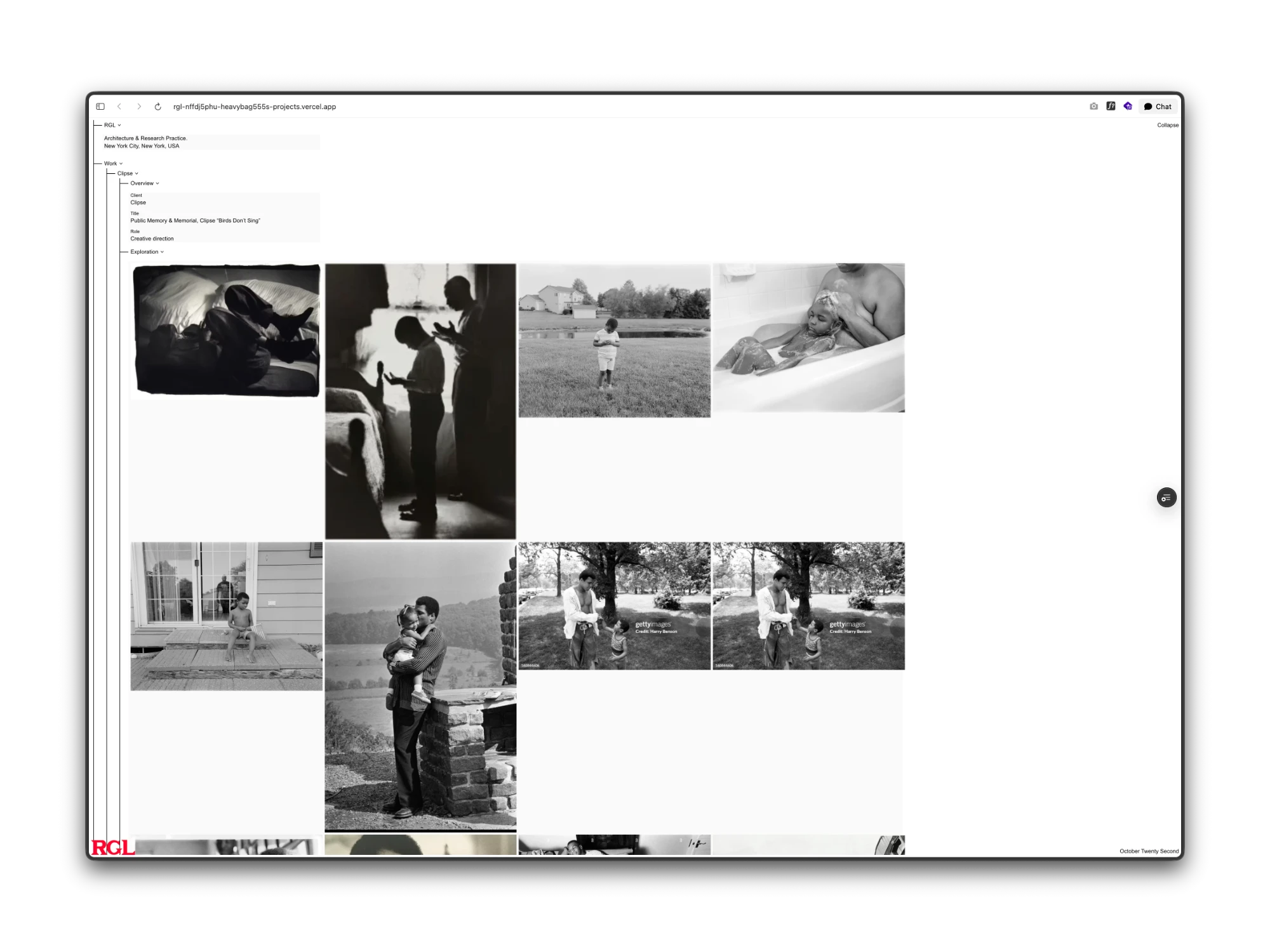 Prototype 3 of the RGL site: a branch tree on the left, open from RGL to Work, a project, its Overview and Exploration, with the Exploration photographs in a four-up grid at their own aspect ratios.