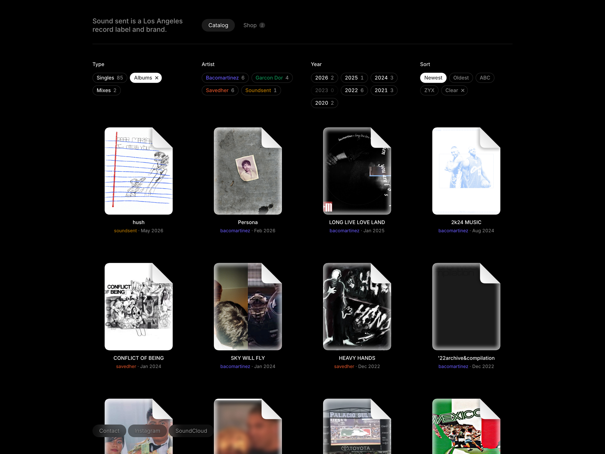 The catalog filtered to albums: the Albums tag filled white with an x, the other counts updated, the 2023 year tag dimmed at zero, and a Clear tag in the sort group