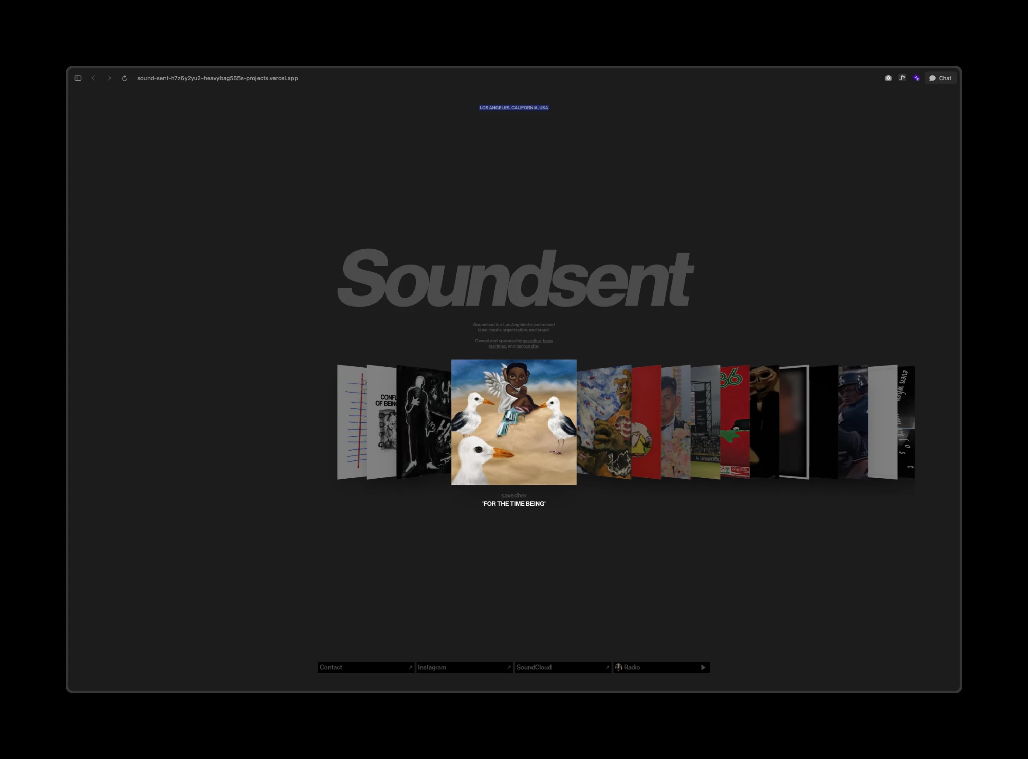 The May home page: a large grey Soundsent wordmark over a dark page, a short description, and a cover flow of album art with one cover facing forward and the rest stacked at an angle on either side