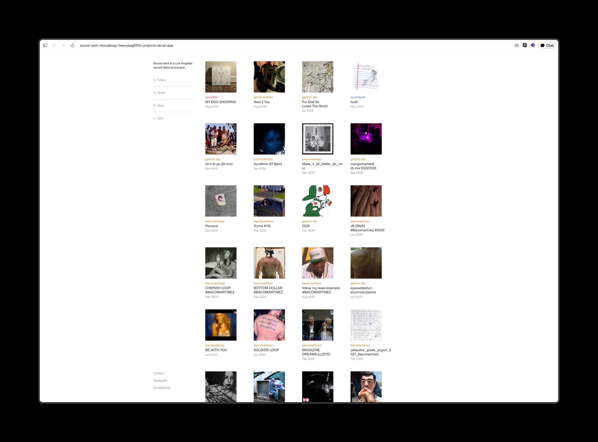 The September catalog: a white page with a narrow sidebar of collapsed filters for type, artist, year and sort, beside a four-column grid of square covers with the artist name in colour, the title and the month under each